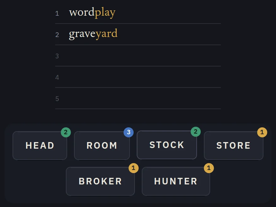 A Keystone board: two latched words on the ledger, six word halves waiting in the tray